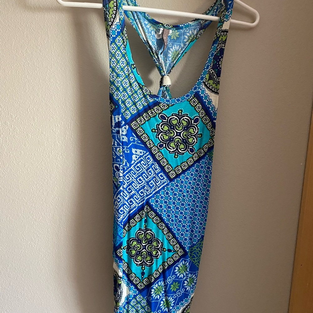 Vintage Blue Green Geometric Rayon Tank Scoop Neck Strappy Sleeveless M